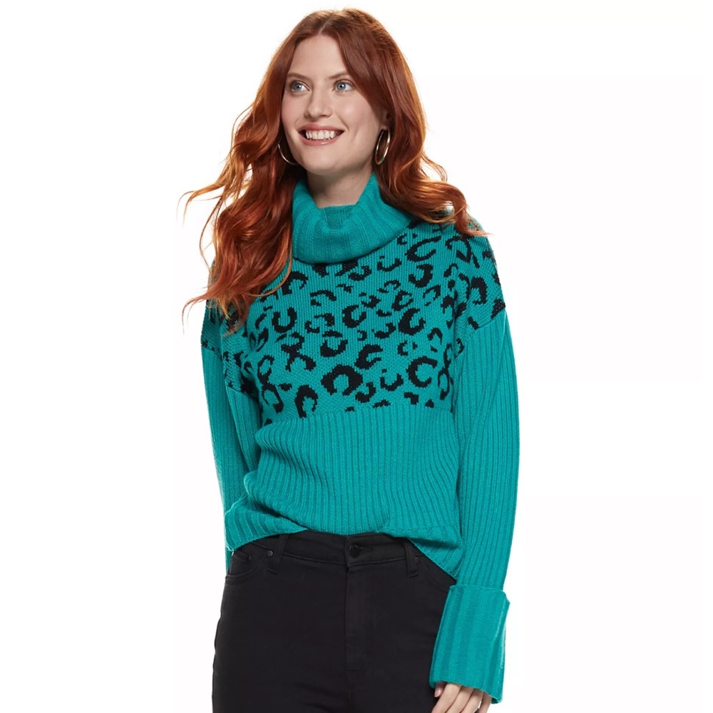 Nine West Rib Turtleneck Sweater, Teal Cheetah